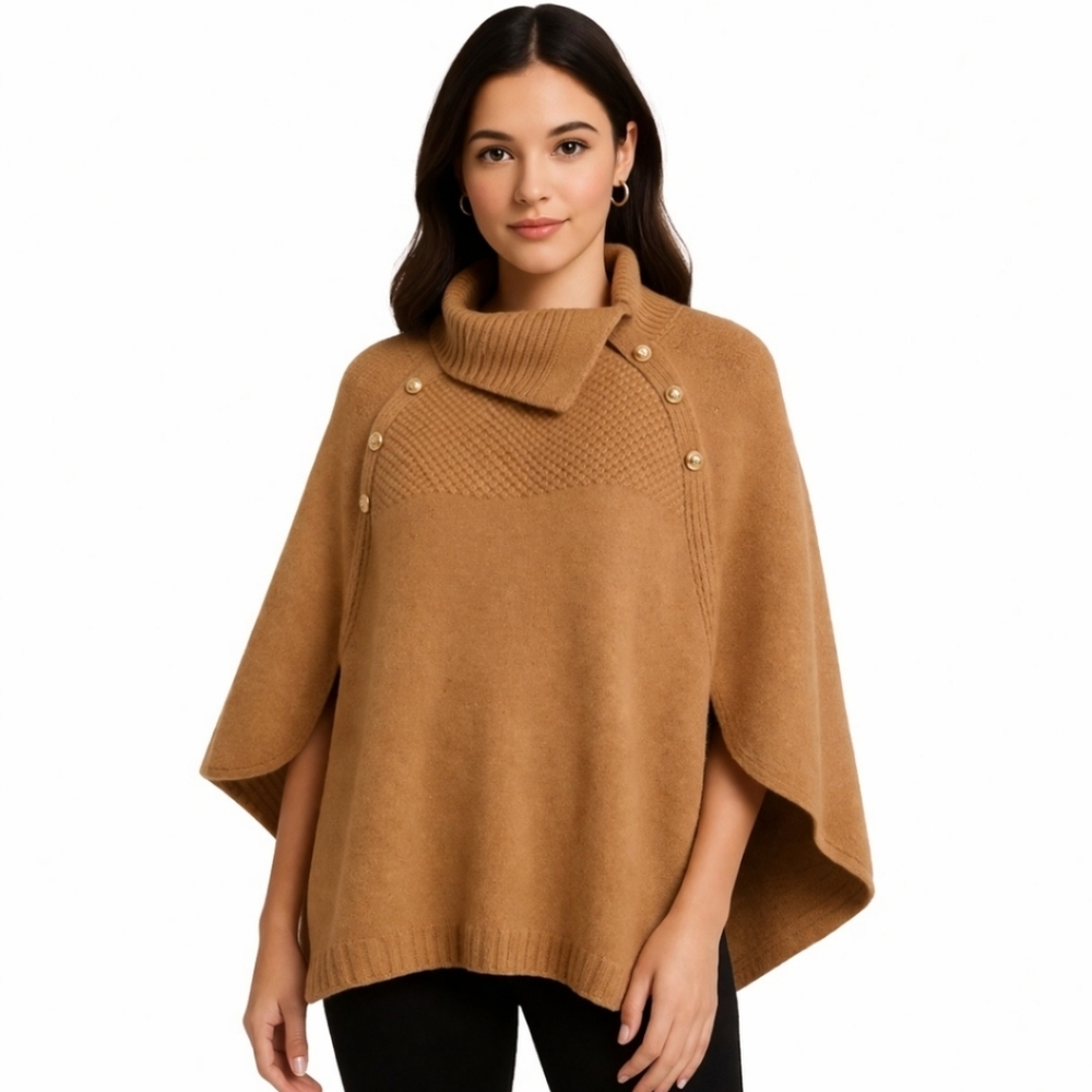 G.I.L.I. Tan Cape Sweater With Asymmetrical Funnel Neck Plus Sz 2XL-3XL
